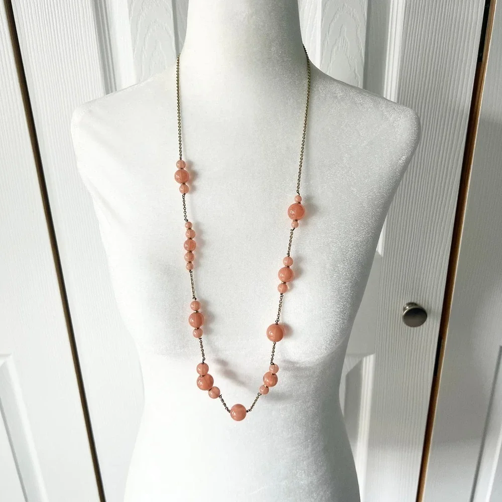 J. Crew Long Pink Peach Salmon Beaded Station Necklace on Gold Tone Chain